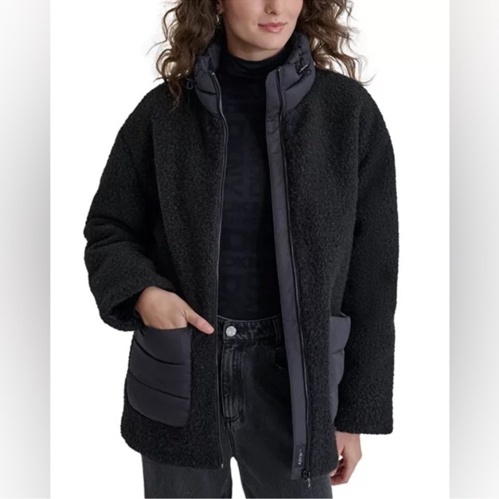 DKNY Faux-Shearling Contrast Mix Media Stand-Collar Jacket Black Size L